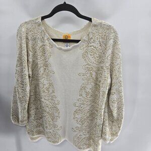 Ruby Rd Women Cream Gold Metallic Swirly Long sleeved Pullover Sweater 1x